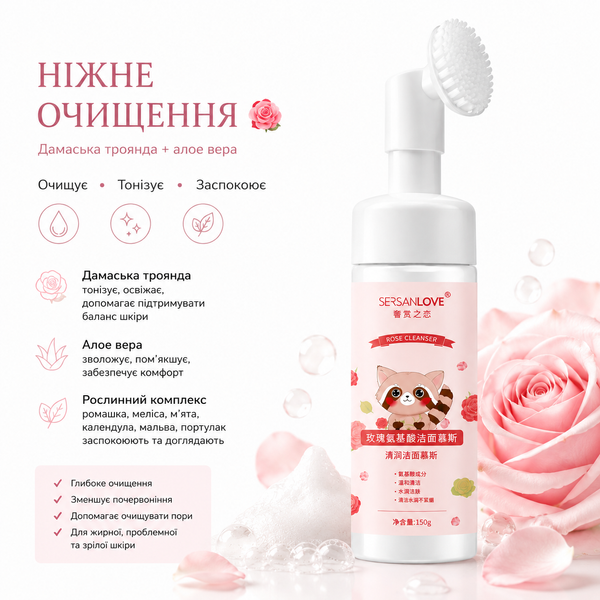 Пінка-мус для вмивання з дамаською трояндою та алое вера 000174 фото
