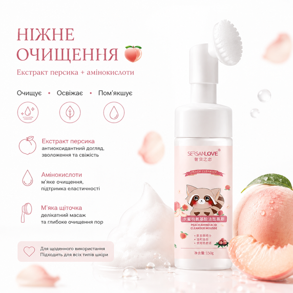 Пінка-мус для вмивання з екстрактом персика та щіточкою SERSANLOVE Peach Amino Acid Cleanser Mousse 000175 фото