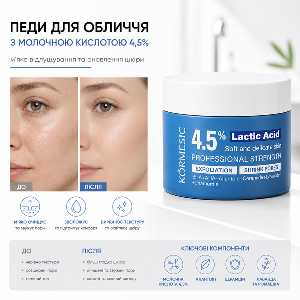 Ексфоліюючі тонер-педи з молочною кислотою 4,5% для обличчя KORMESIC Lactic Acid Pore-Free Pads 000109 фото
